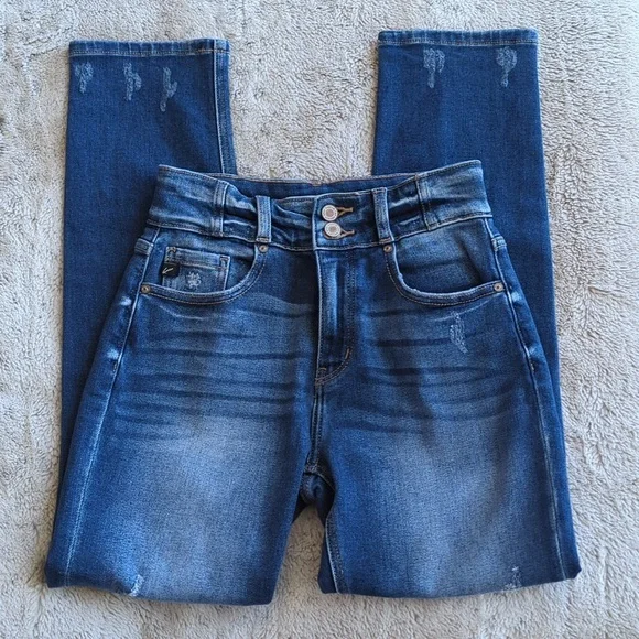KanCan Medium Wash High Rise Distressed Double Button Skinny Blue Jeans Size 25 - Picture 2 of 5
